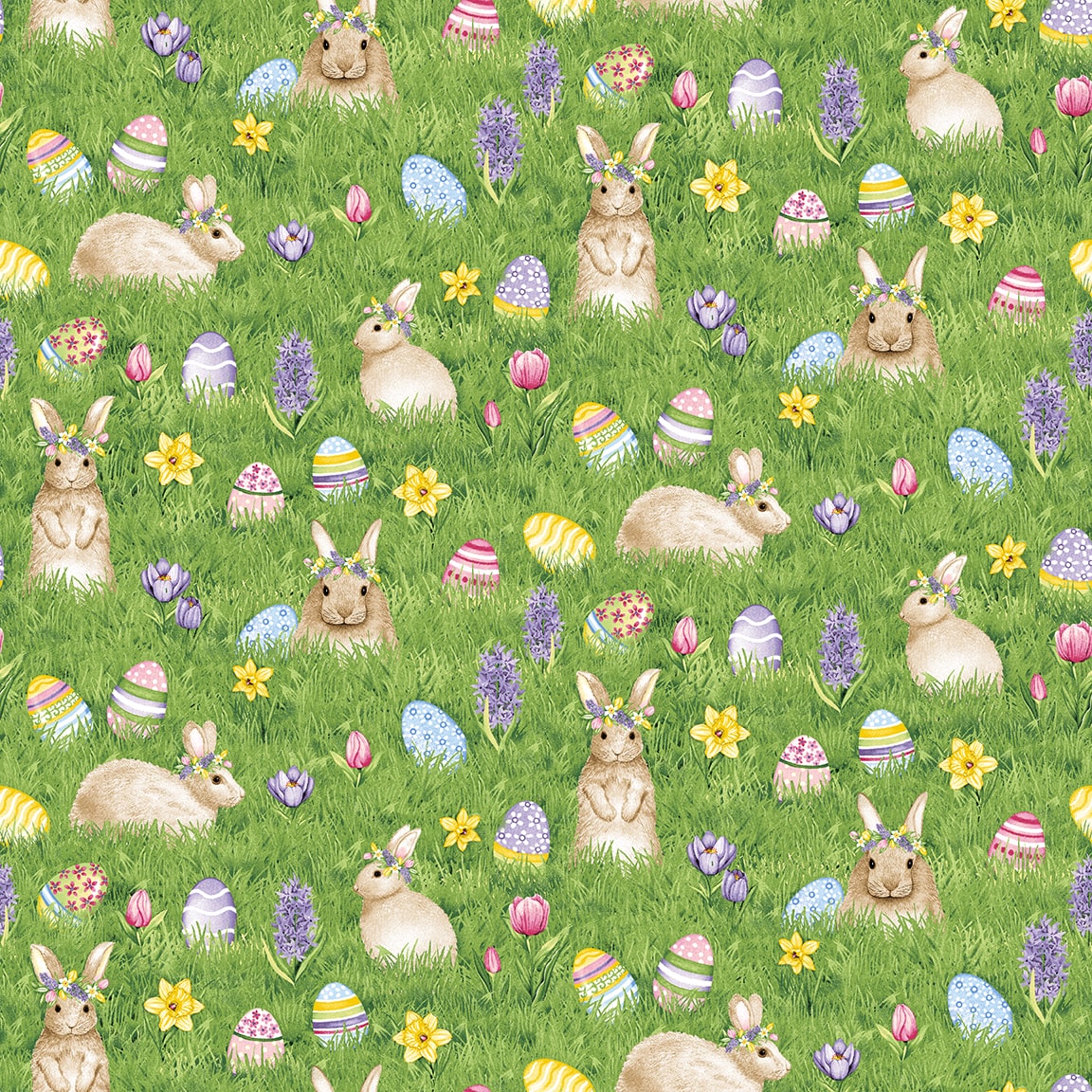 Hoppy Hunting Bunnies and Eggs on Grass Fabric - By the yard