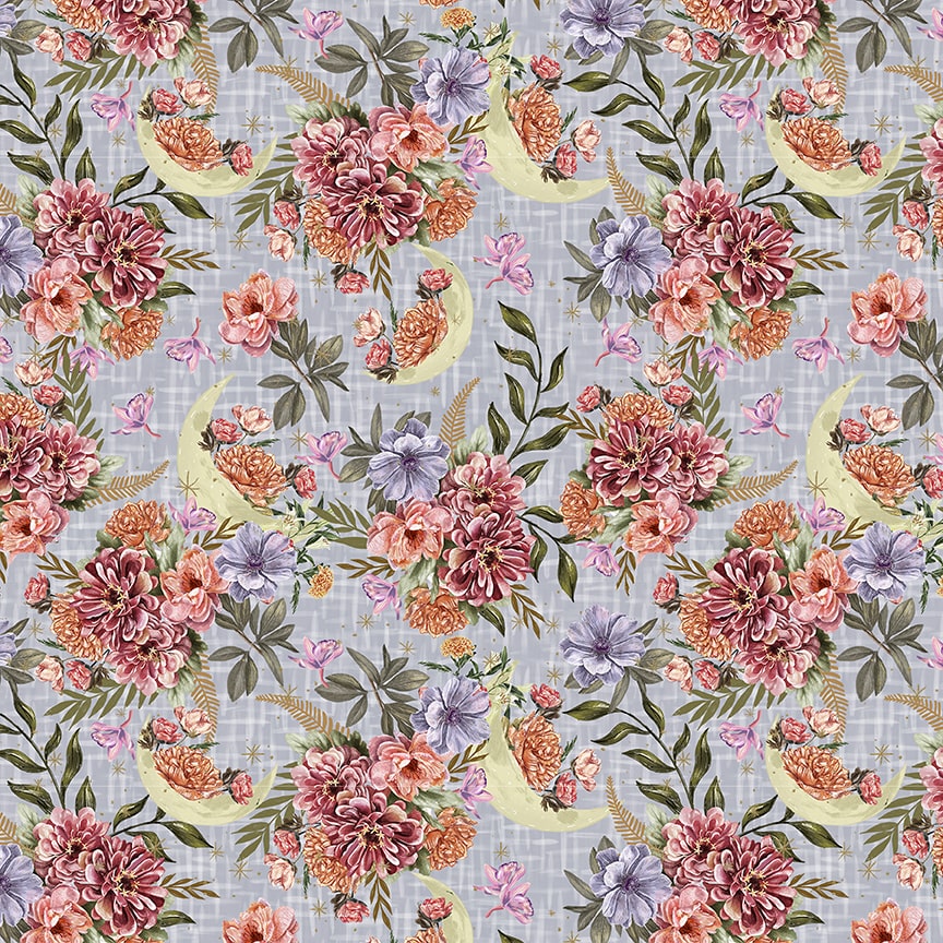 Midnight Rendezvous Moons with Flowers Fabric - By the yard