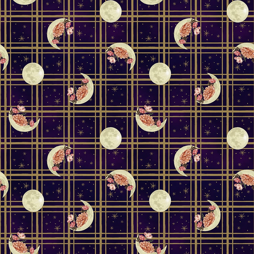 Midnight Rendezvous Crescent Moons with Flowers on Plaid Fabric - By the yard