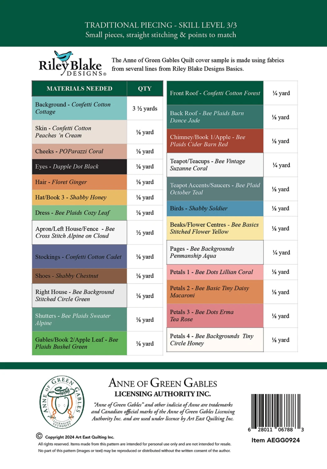 Art East Anne of Green Gables Quilt Pattern