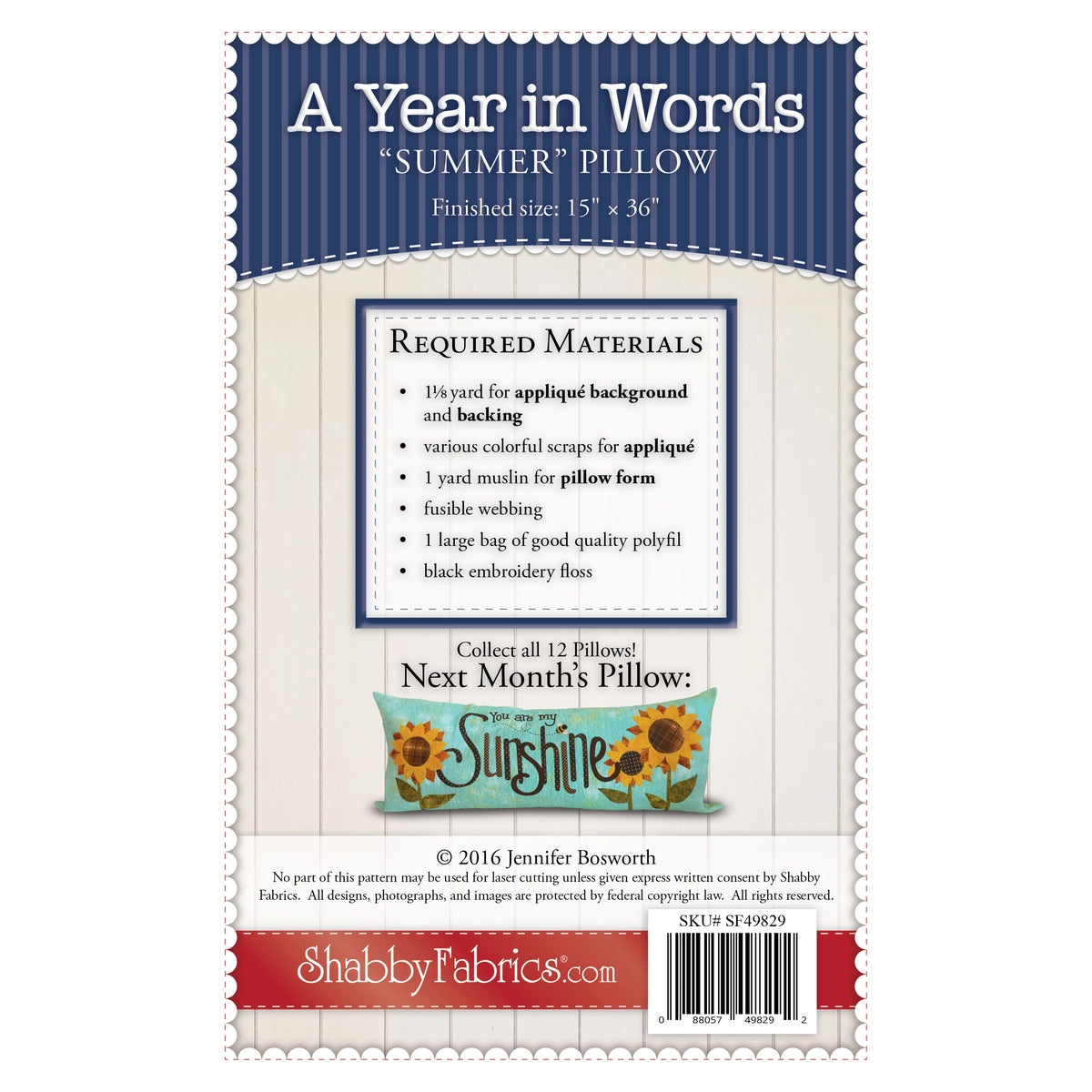 Shabby Fabrics A Year in Words Pillows 7- Summer - July - Pillow Pattern