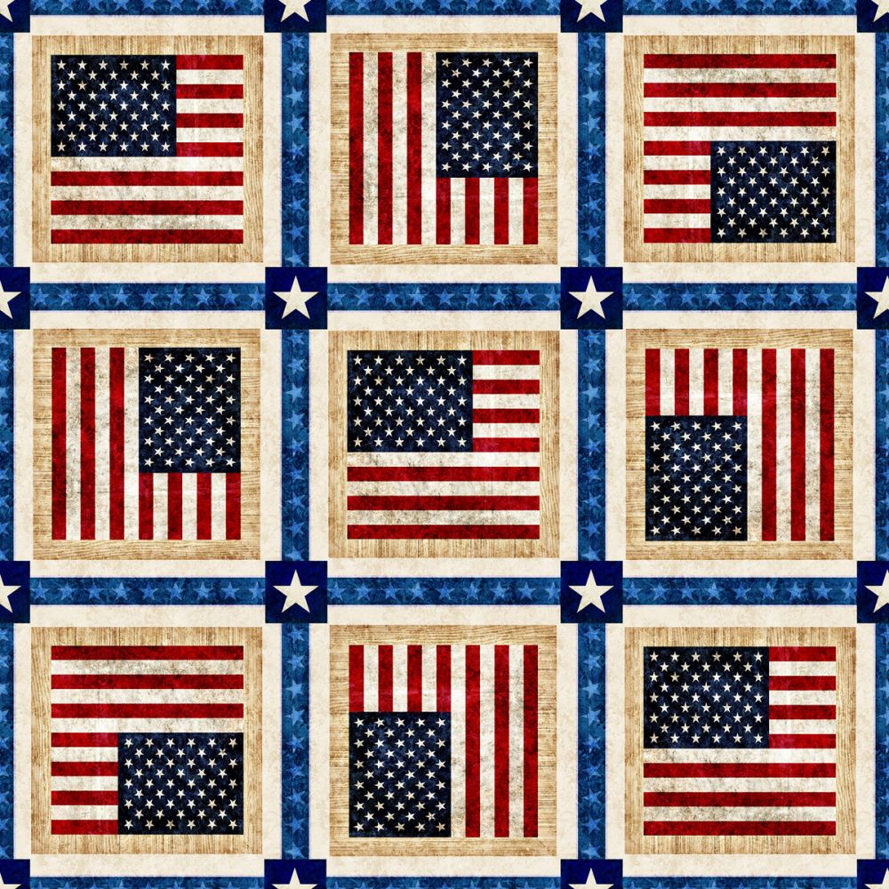 American Freedom Flag Squares Blue Fabric - By the yard