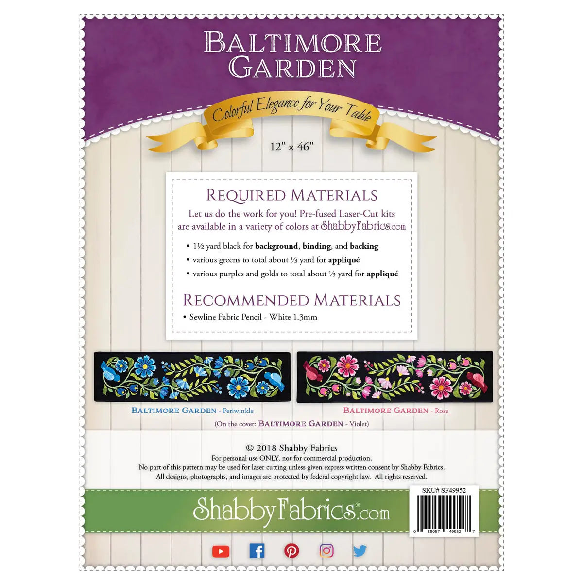 Shabby Fabrics Baltimore Garden Table Runner Pattern