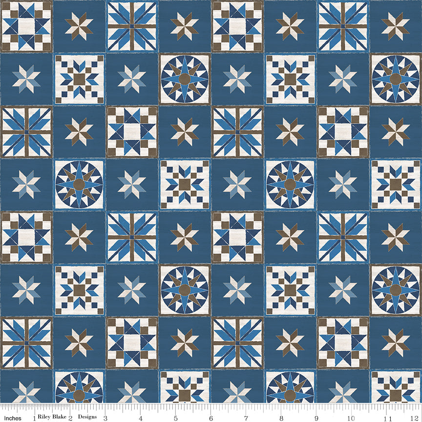 Winter Barn Quilts Blocks Dark Blue Fabric - By the yard