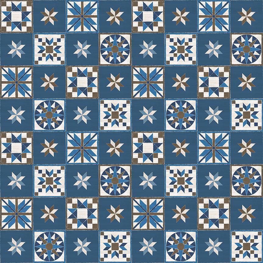 Winter Barn Quilts Blocks Dark Blue Fabric - By the yard