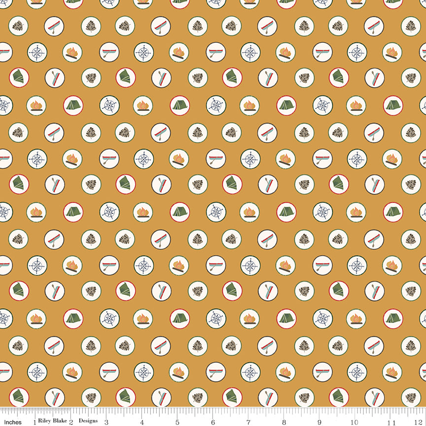 Love You S'more Badges Gold Fabric - By the yard