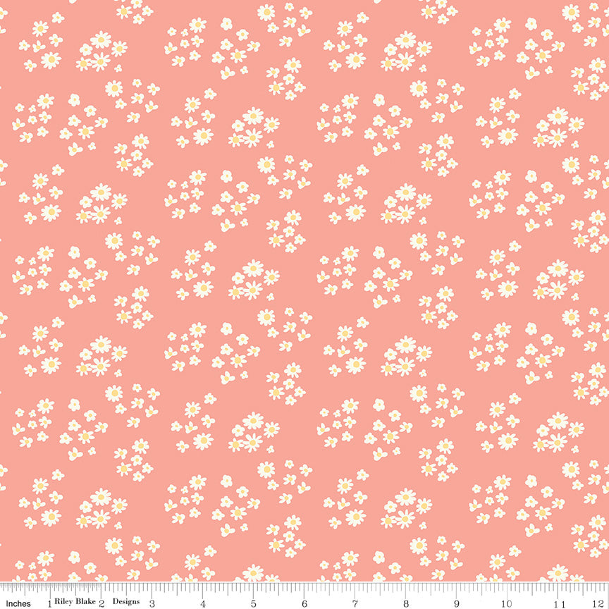 Hello Spring Daisies Coral Fabric - By the yard