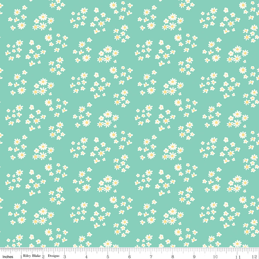 Hello Spring Daisies Seafoam Fabric - By the yard