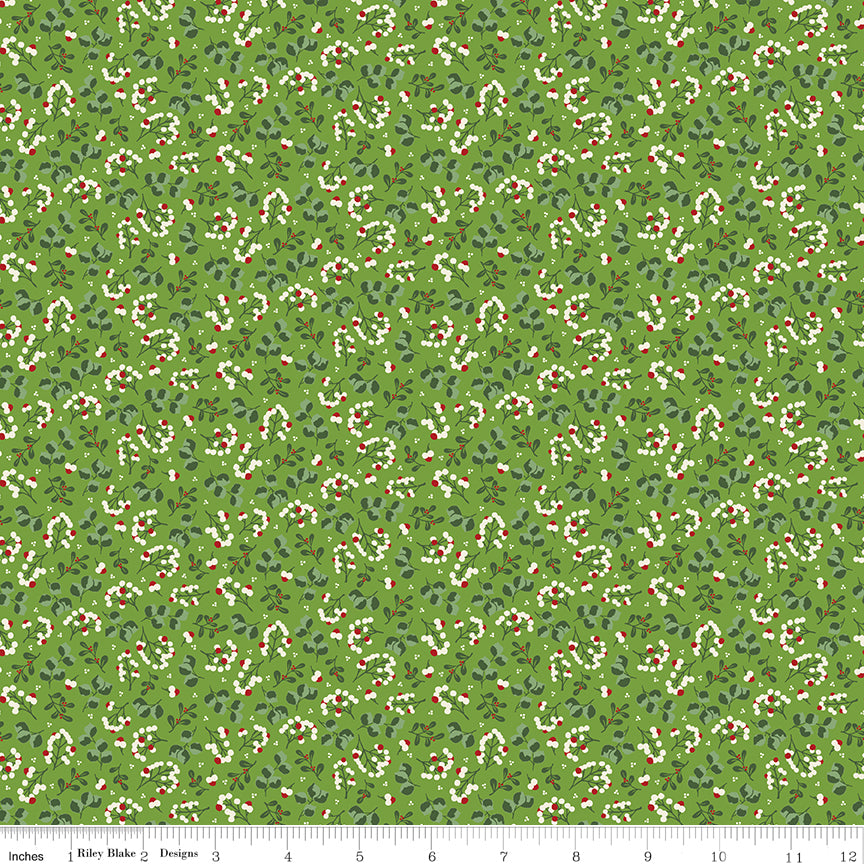 Yuletide Forest Berry Sprigs Lime Fabric - By the yard
