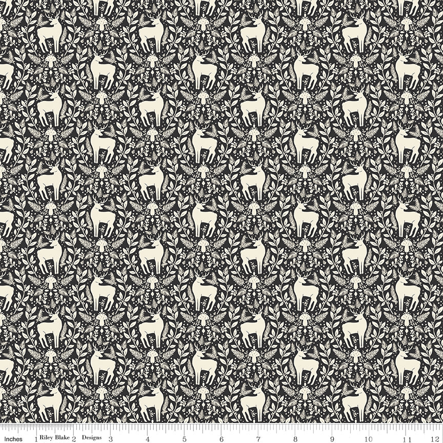 Yuletide Forest Deer Damask Charcoal Fabric - By the yard