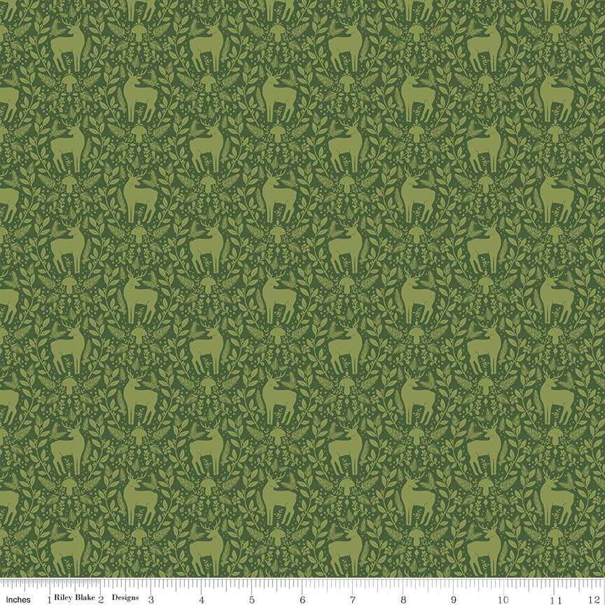 Yuletide Forest Deer Damask Green Fabric - By the yard
