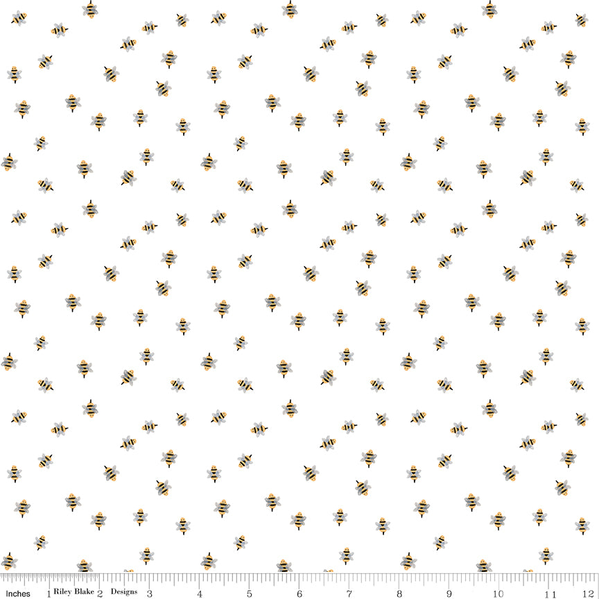 Homemade Bumble Bees White Fabric - By the yard
