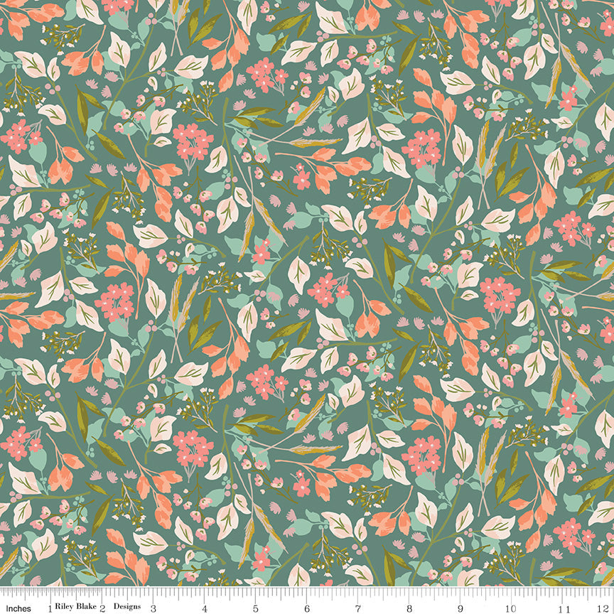 Blossom Lane Floral Branches Teal Fabric - By the yard