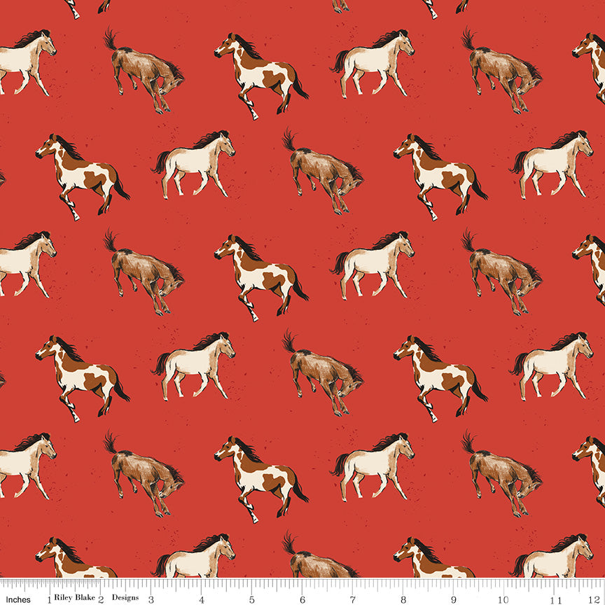 Wild Rose Horses Red Fabric - By the yard