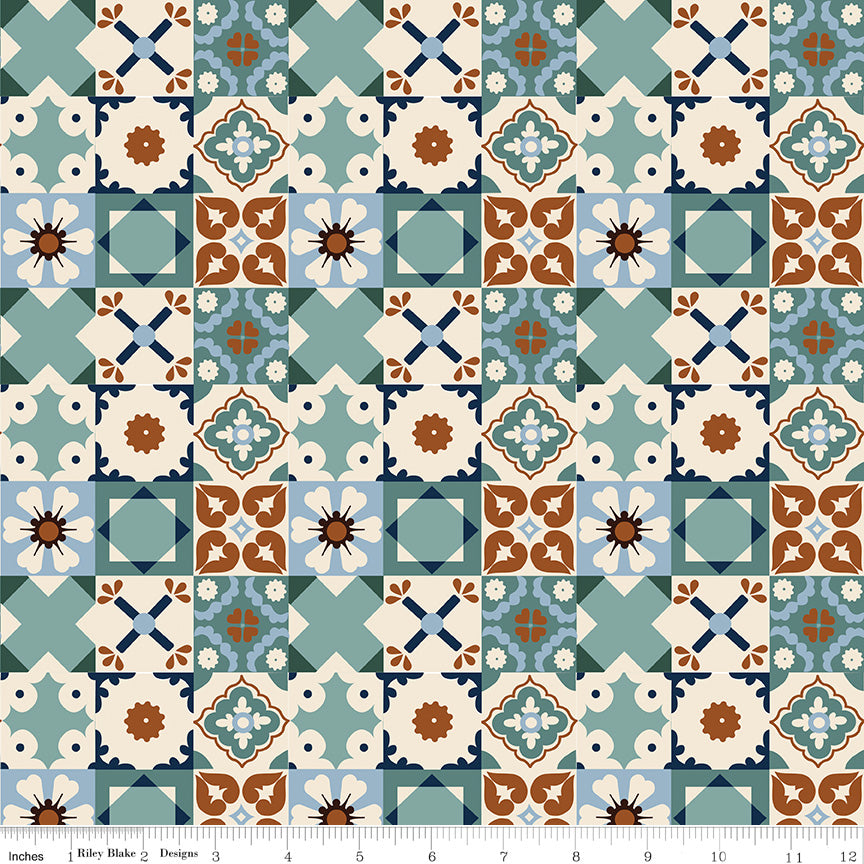 Wild Rose Tiles Teal Fabric - By the yard
