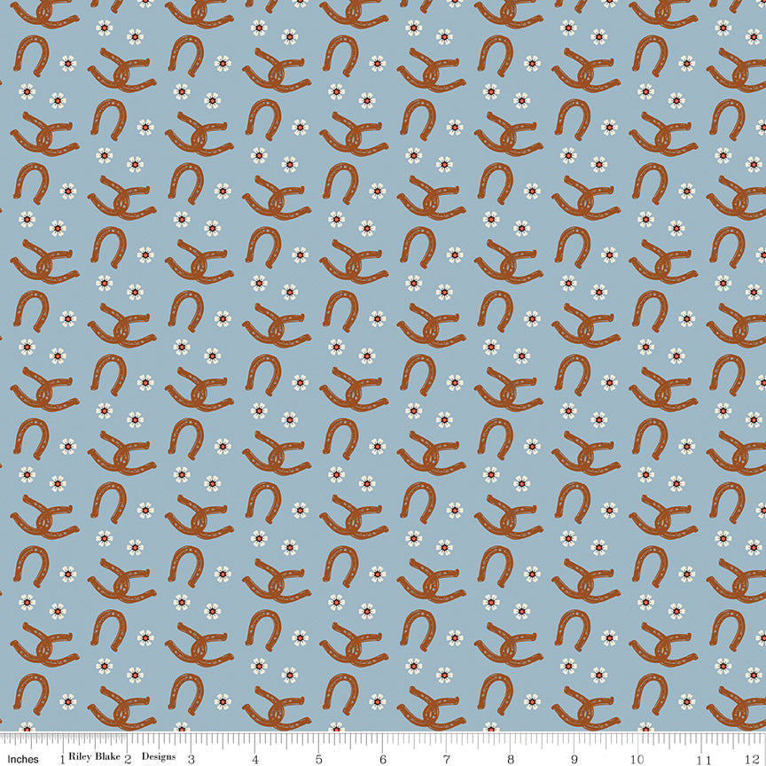 Wild Rose Horseshoes Blue Fabric - By the yard