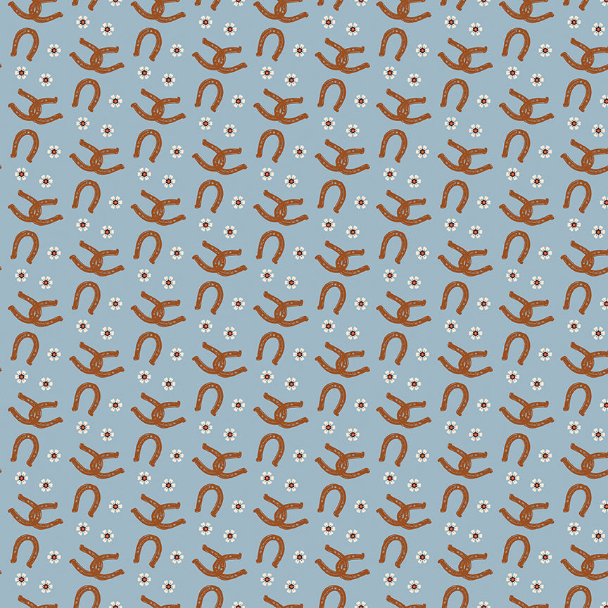 Wild Rose Horseshoes Blue Fabric - By the yard