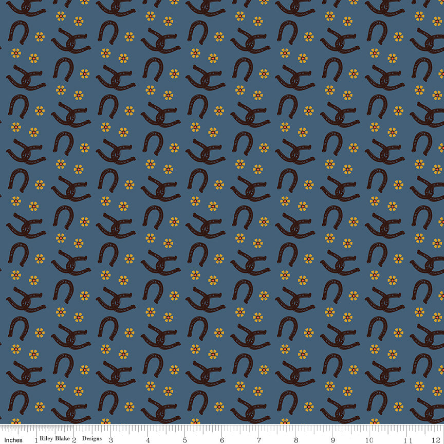Wild Rose Horseshoes Denim Fabric - By the yard