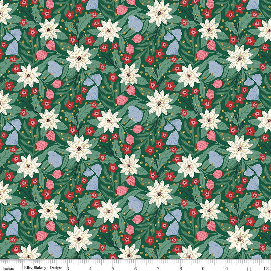 A Pear-Fect Christmas Flowers Dancing Green Fabric - By the yard