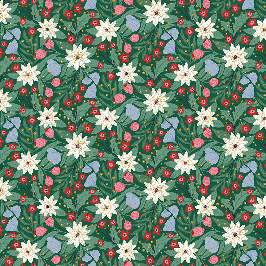 A Pear-Fect Christmas Flowers Dancing Green Fabric - By the yard