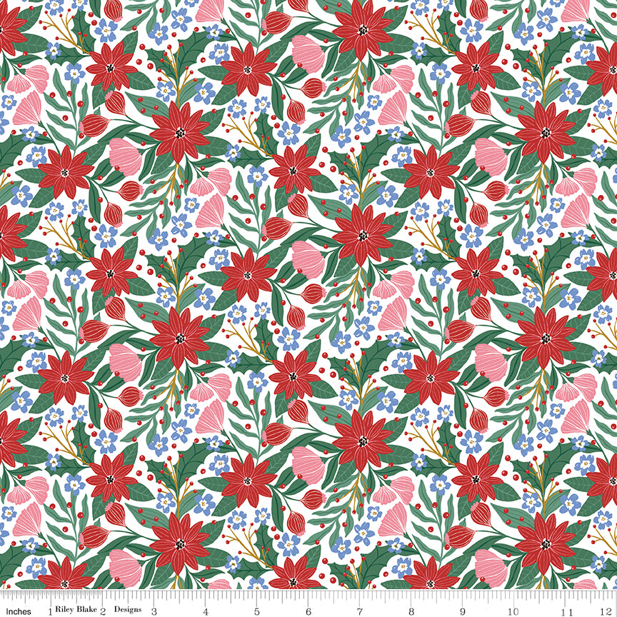 A Pear-Fect Christmas Flowers Dancing White Fabric - By the yard