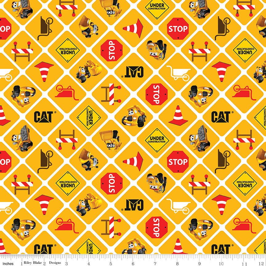 CAT® Buildin' Crew Signs Yellow Fabric - By the yard