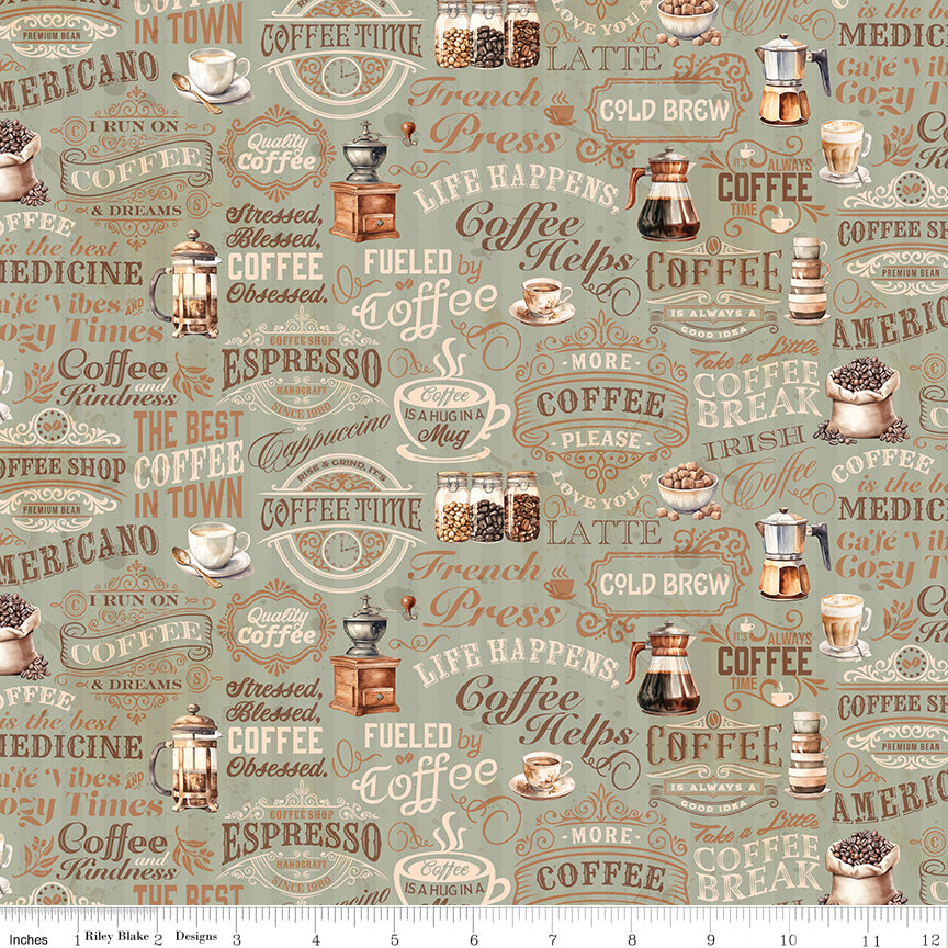 Coffee Time Text Sage Fabric - By the yard