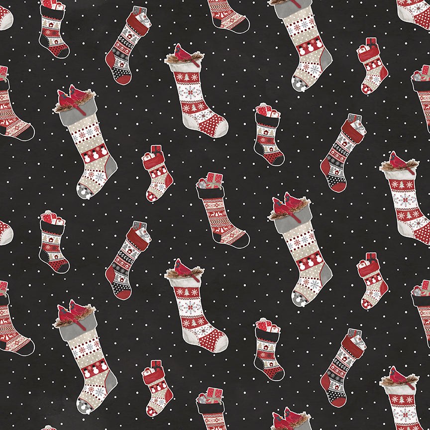 Flannel Hello Winter Stockings Black Fabric - By the yard