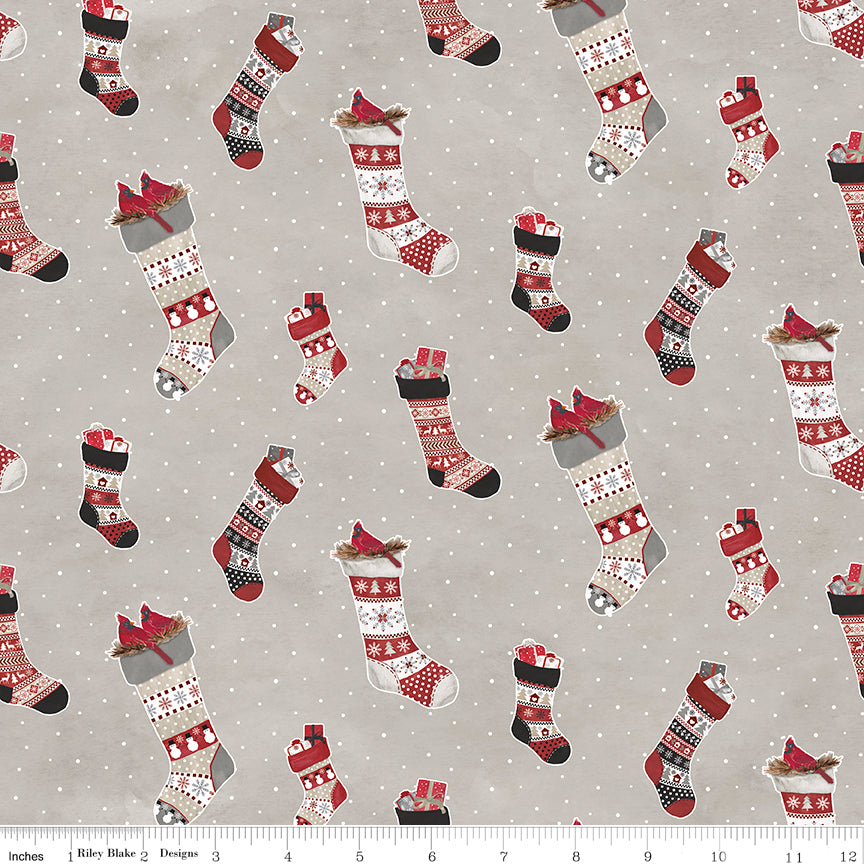 Flannel Hello Winter Stockings Taupe Fabric - By the yard