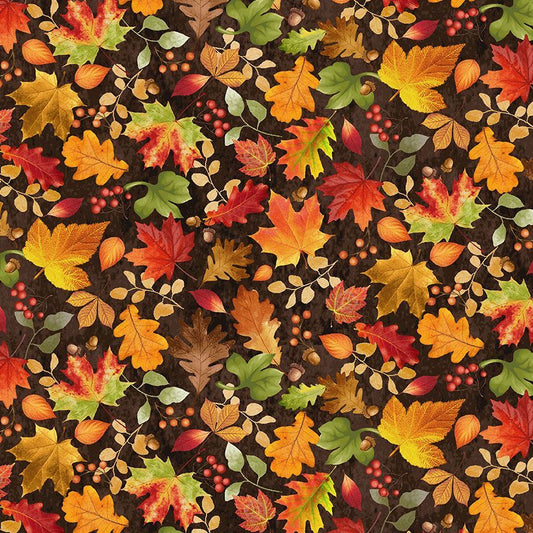 Gather with a Grateful Heart Tossed Fall Leaves Brown Fabric - By the yard