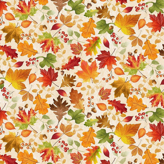 Gather with a Grateful Heart Tossed Fall Leaves Cream Fabric - By the yard