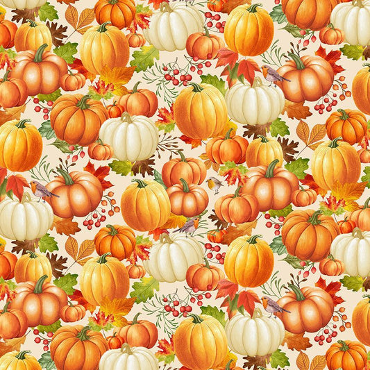 Gather with a Grateful Heart Pumpkin on Leaves Fabric - By the yard