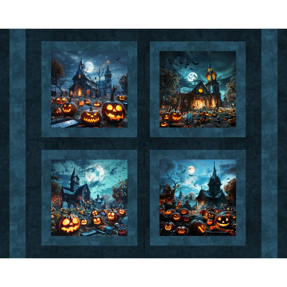 Haunted House Pumpkins Pillow Fabric Panel