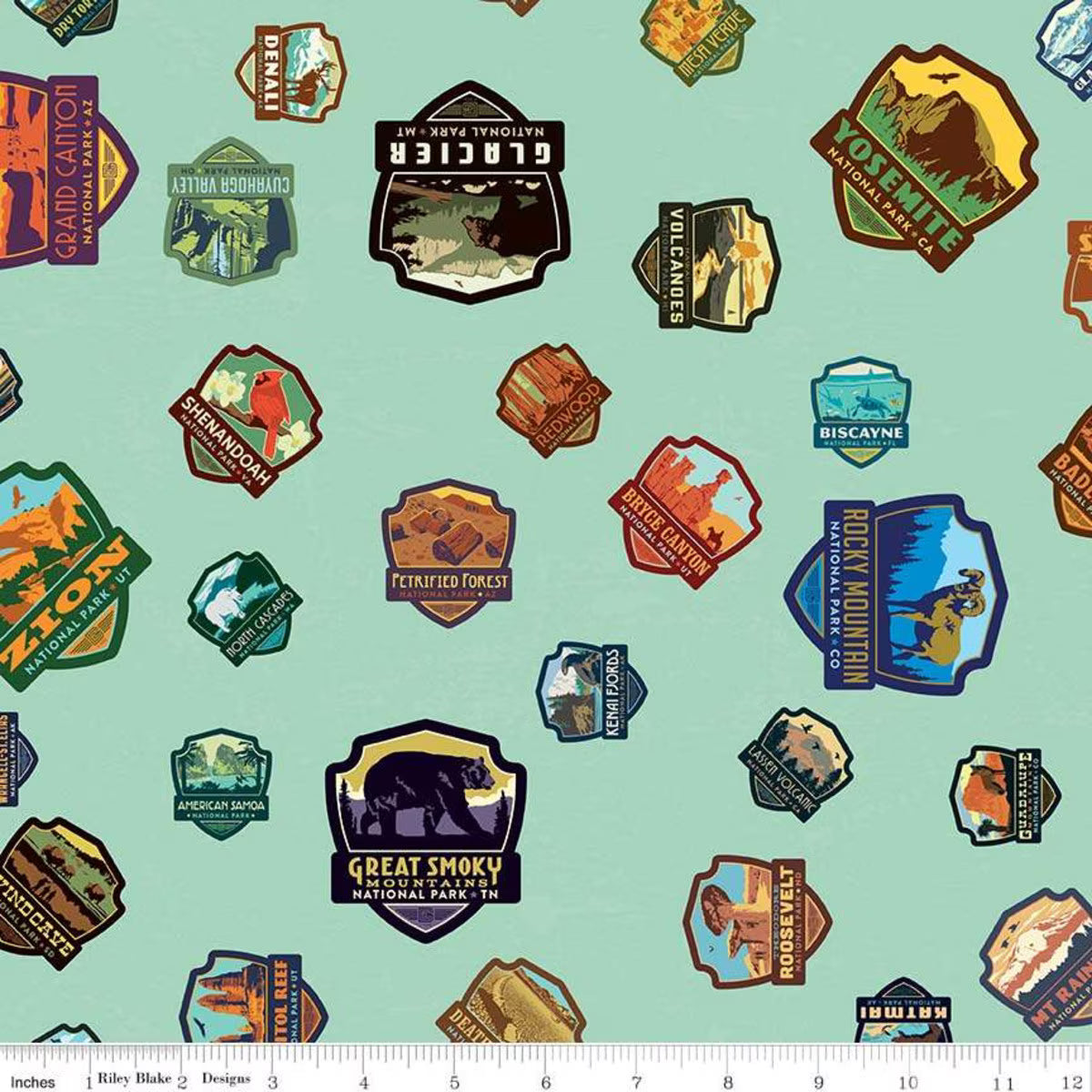 National Park Patches Sea Green Fabric - By the yard