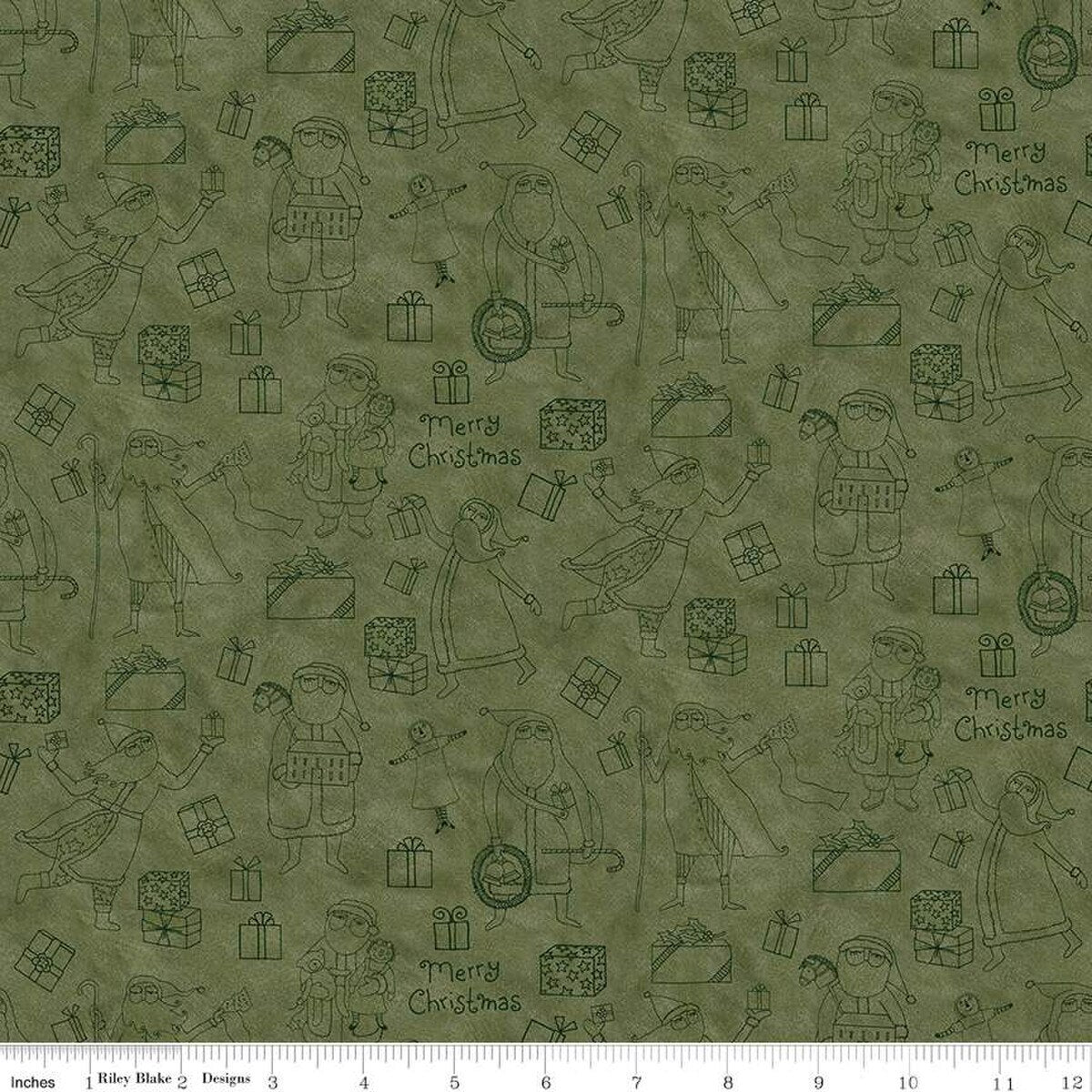 Naughty or Nice Santas and Gifts Green Fabric - By the yard
