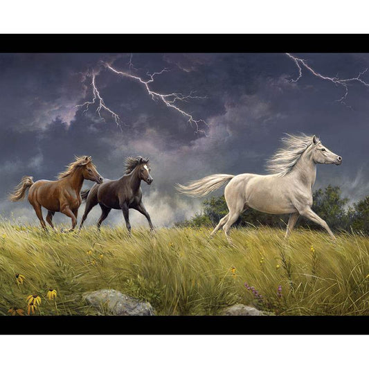 Wild Horses Storm on the Prairie Fabric Panel