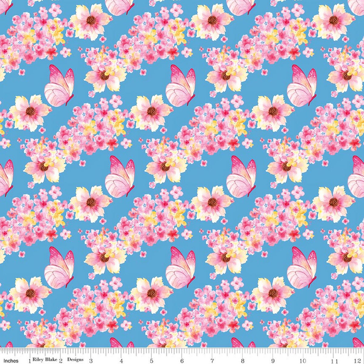 Painted Petals Butterfly Floral Blue Fabric - By the yard