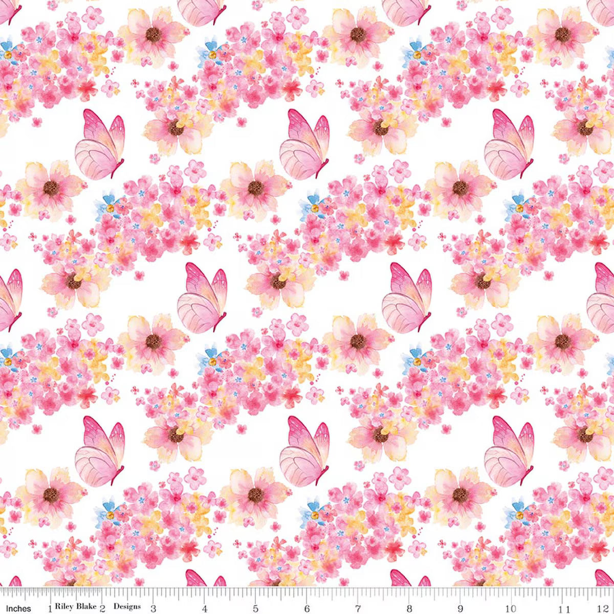 Painted Petals Butterfly Floral White Fabric - By the yard