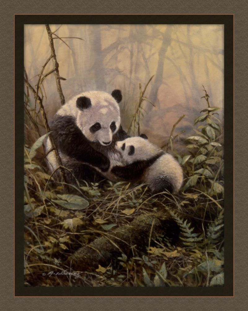 Panda Bear and Young Fabric Panel