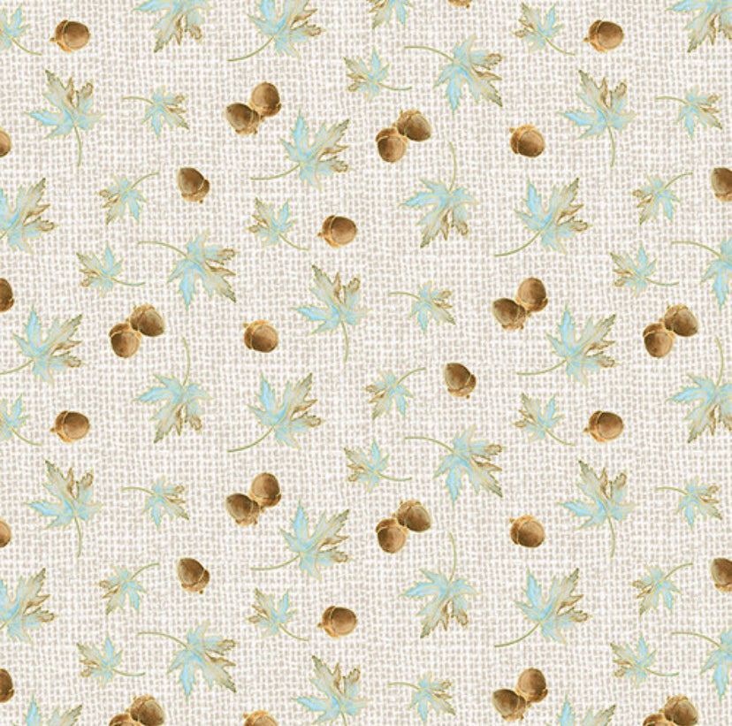 Pumpkin Kisses Tossed Leaves and Acorns Metallic Fabric - By the yard