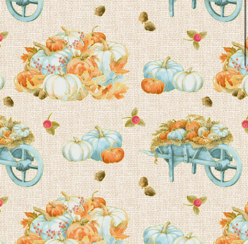 Pumpkin Kisses Pumpkin and Wheel Barrow Metallic Fabric - By the yard