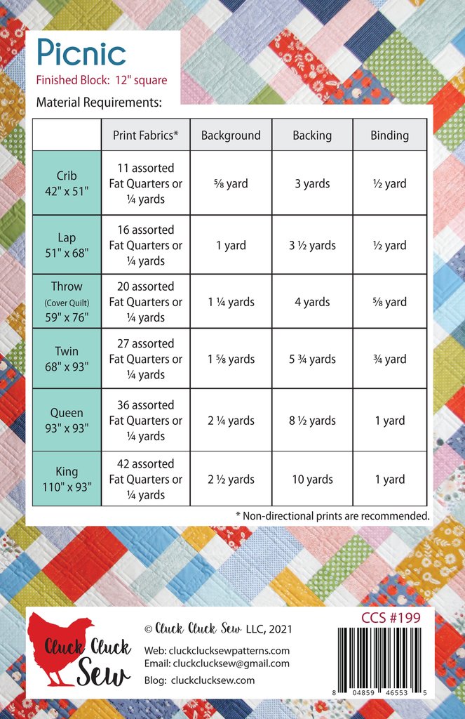 Cluck Cluck Sew Picnic Quilt Pattern