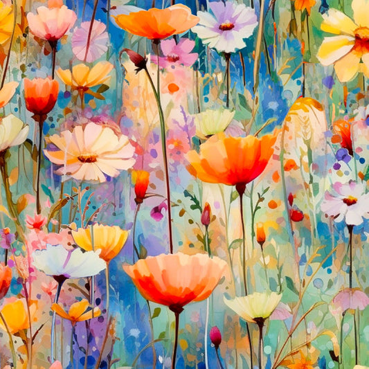 Hummingbird Bouquet Poppy Field Fabric - By the yard