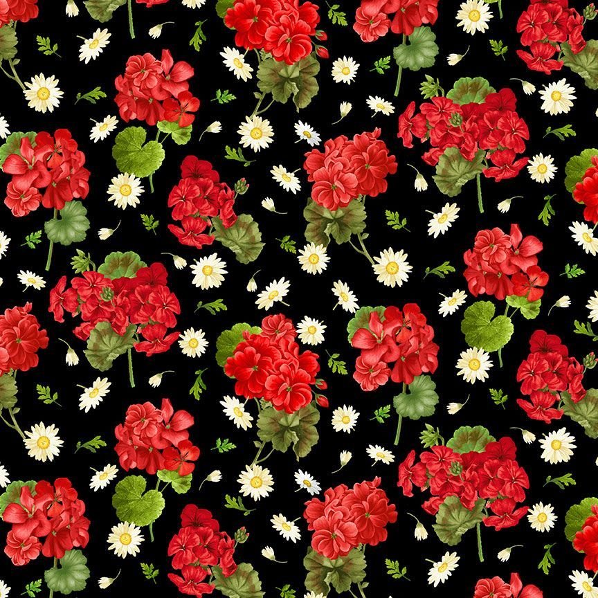 Scarlet Beauty Geranium & Daisies Fabric - By the yard