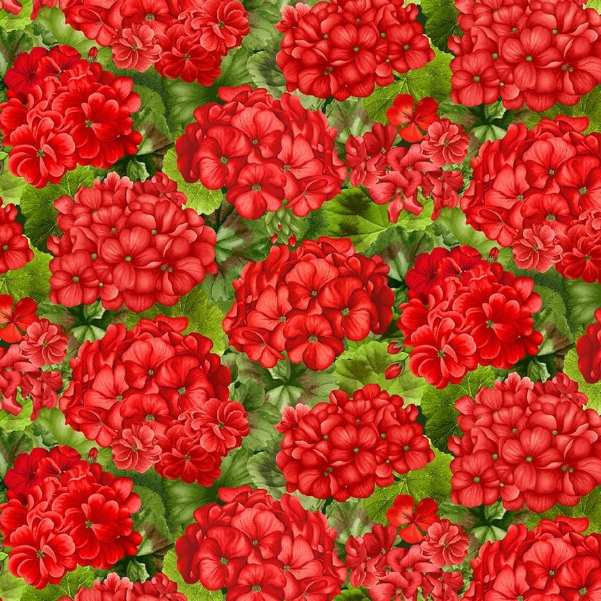 Scarlet Beauty Packed Geranium with Leaves Fabric - By the yard