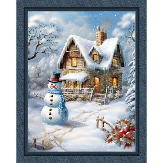 Snowman Cottage Fabric Panel