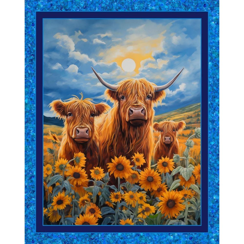 Sunflower Highland Cows Fabric Panel