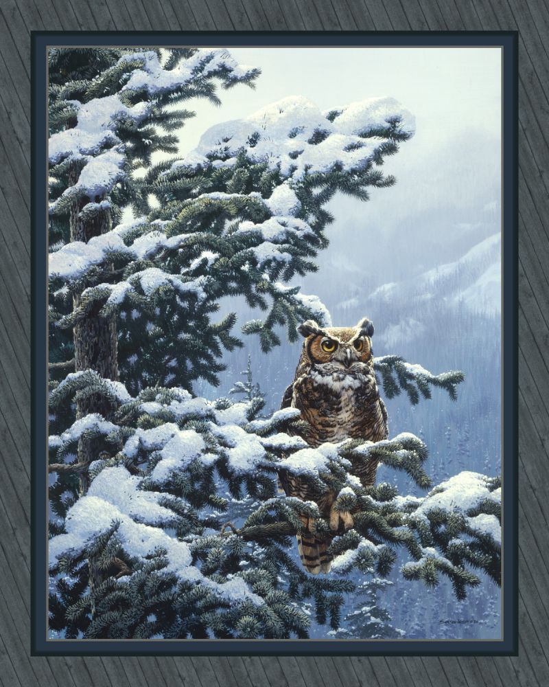 Winter Vigil Great Horned Owl Fabric Panel