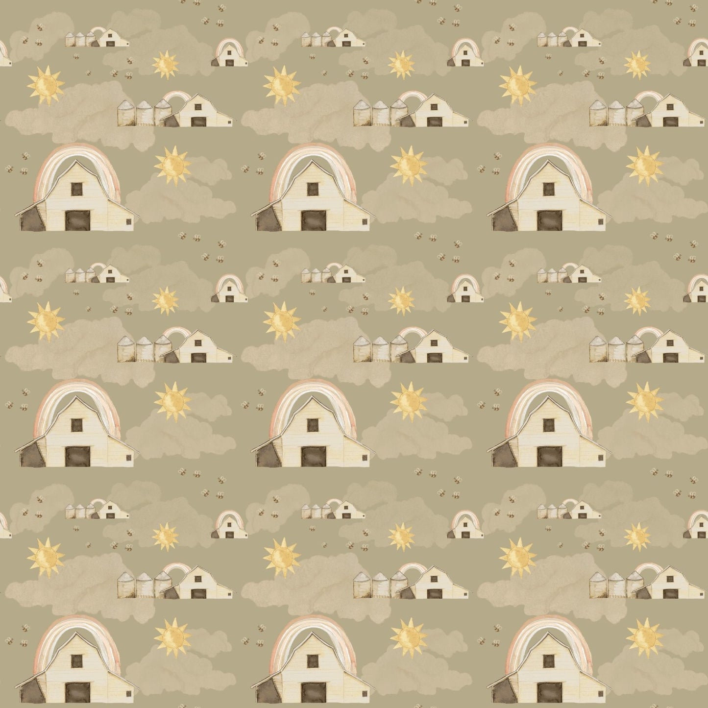You Are My Sunshine Barn and Rainbow Allover Fabric - By the yard