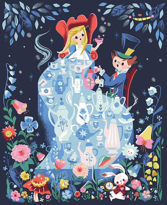 Down the Rabbit Hole Alice's Party Navy Fabric Panel